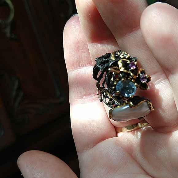 14k gold dipped 925 sterling silver oxidized coin pearl amethyst blue topaz ring - Picture 11 of 13